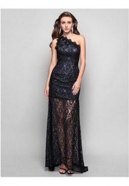 One Shoulder Floral Embroidered Lace Evening Dress