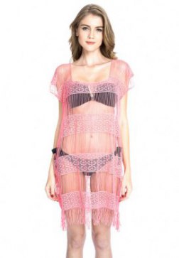 Pink Fringe Crochet Detail Beach Dress