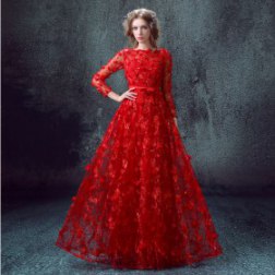 Red Color Sheer Mesh Appliques Beading Long Dress