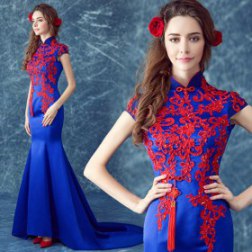 Blue Color Chinese Knot Mermaid Evening Dress