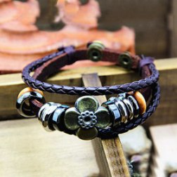 Clover Pattern Snap Button PU Leather Bracelet With Braided Rope