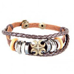 Crescent Moon Pattern Snap Button PU Leather Bracelet With Braided Rope