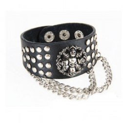 Black Rocker Skull Round Rivets PU Leather Bracelet With Metal Chains