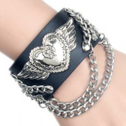 Alloy Heart & Angel Wings Pattern PU Leather Bracelet With Chains