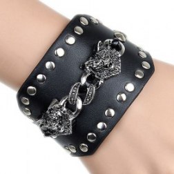 Dual Alloy Wolves & Round Rivets PU Leather Bracelet
