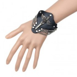 Alloy Wings Cross PU Leather Bracelet With Chains