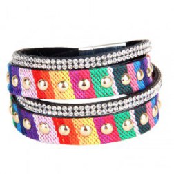 Colorful Braid Crystal & Golden Rivet PU Leather Bracelet