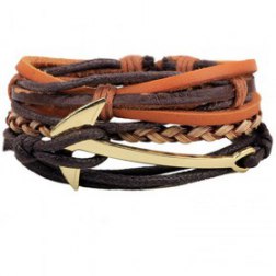 Golden Anchor PU Leather Braided Beads Bracelet