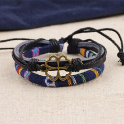 Alloy Clover Rope PU Leather Bracelet