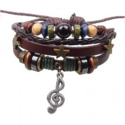 Vintage Alloy Musical Notation Beads Braided PU Leather Bracelet With Star