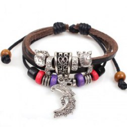 3 Layer Punk Antique Silver Geometric Moon Pendant Charm Bracelets With Clock Studded Rivet