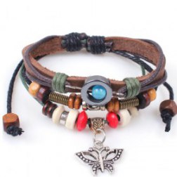Retro Alloy Butterfly Beads Rope PU Leather Bracelet