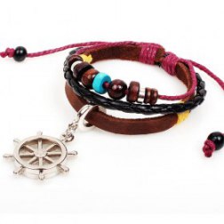 Silver Rudder Pendant Braided Beads PU Leather Bracelet