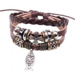 Alloy Fish Pendant Braided Cross PU Leather Bracelet