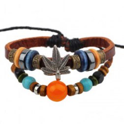 Colorful Beads Retro Metal Leaf PU Leather Bracelet