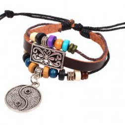 Floral Flower Taiji Ying Yang Circle Metal Leather Brown Weave Bracele