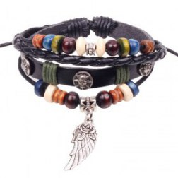Silver Wing Pendant Skull Studded Braided Beads PU Leather Bracelet