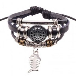 Fishbone Alloy Pendant Beads Rope Black Leather Unisex Wrap Bracelet
