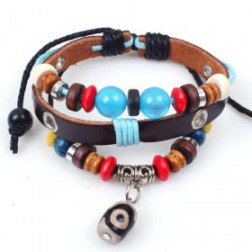 Charm Colorful Beads Retro Rope PU Leather Bracelet