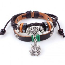 Silver Maple Leaf Pendant Beads Rope PU Leather Bracelet