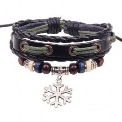 Alloy Beads Handmade Braided Black Leather Bracelet With Snowflake Pendant