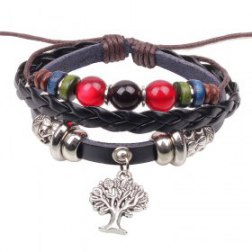 Alloy Beads Handmade Braided Black Leather Bracelet With Tree of Life Pendant