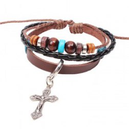 Inspirational Cross Pendant Beads Braided Rope PU Leather Bracelet