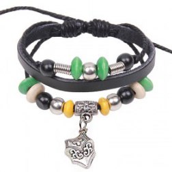 Punk Style Alloy Cross Shield Pendant Beads Drawstring Leather Rope Bracelet