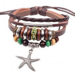 Wooden Beads Handmade Braided Leather Bracelet With Alloy Star Pendant