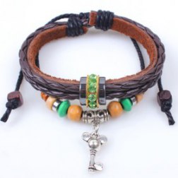 Wooden Beads Handmade Braided Leather Bracelet With Alloy Key Pendant