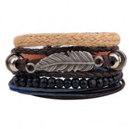 Multilayer Beads Rope Leaf Braided Adjustable PU Leather Bracelet