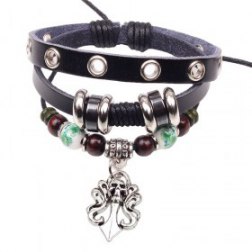 Metal Skull Pendant Beads PU Leather Bracelet With Rings Detail