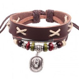 Ethnic Cowboy Hat Charm Adjustable Leather Bracelet