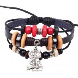 3 Layer Beads Rope Leather Bracelet With Alloy Owl Pendant