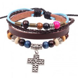 Colorful Wooden Beads PU Leather Bracelet With Alloy Cross
