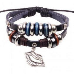 Metal Rings Dual Layer PU Leather Belts Bracelet  With Lip Pendant