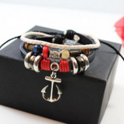 3 Layer Alloy Rings Rope Leather Bracelet With Alloy Anchor Pendant