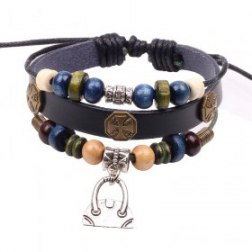 Retro Colorful Beads PU Leather Bracelet With Alloy Mini Bag Pendant