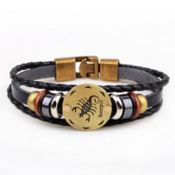 Golden Scorpio Braided Black PU Leather Bracelet