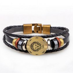 Golden Leo Braided Black PU Leather Bracelet