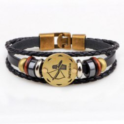 Golden Sagittarius Braided Black PU Leather Bracelet