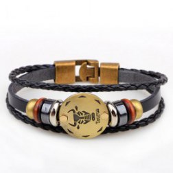 Golden Taurus Braided Black PU Leather Bracelet