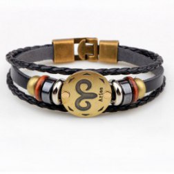 Golden Aries Braided Black PU Leather Bracelet