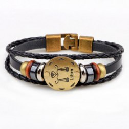 Golden Libra Braided Black PU Leather Bracelet