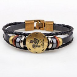 Golden Aquarius Braided Black PU Leather Bracelet