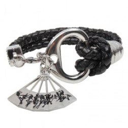 Unisex Folding Fan Shaped Pendant Fashion Black Braided Leather