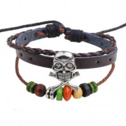 Silver Skull Braided Charm Wood Beads PU Leather Bracelet