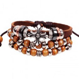 Bohemia Alloy Cross Wood Beads PU Leather Bracelet