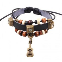Alloy Guitar Pendant Beads PU Leather Bracelet With Rivets Studded