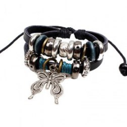 Alloy Butterfly Pendant PU Leather Bracelet With Rings